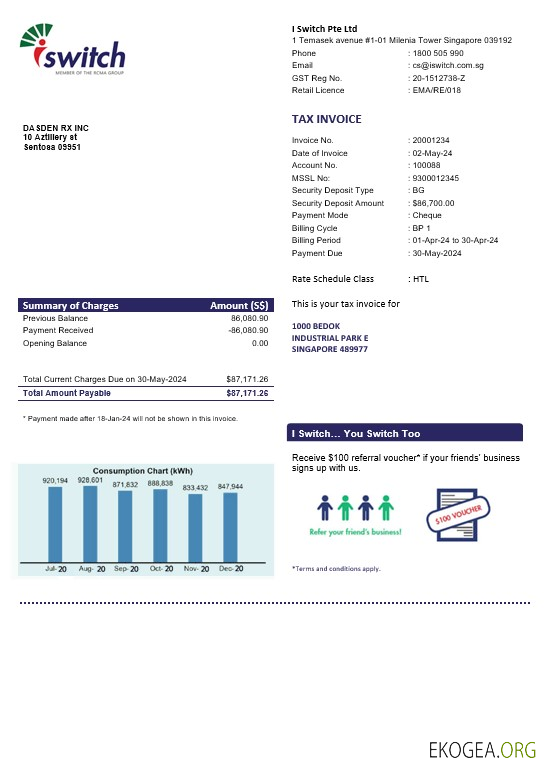 Modèle de facture de services publics d'électricité de Singapour I Switch aux formats Word et PDF